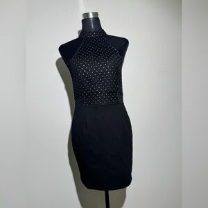 Superdown Black Halter Neck Bodycon Dress Gold Dot Mesh Size L